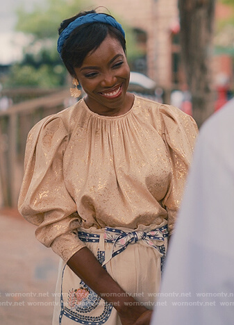 Helen's gold metallic top and embroidered shorts on Sweet Magnolias