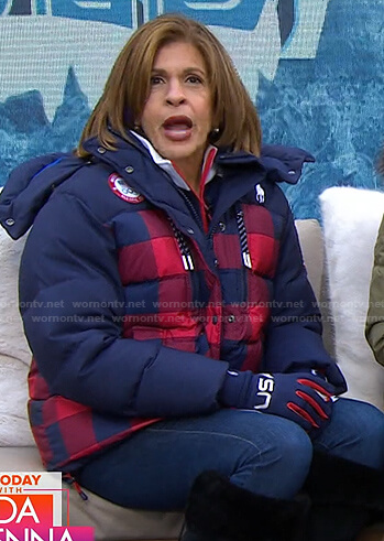 Hoda's navy and red check puffer jacket and gloves on Today