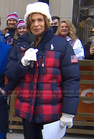 Hoda's navy and red check puffer jacket on Today