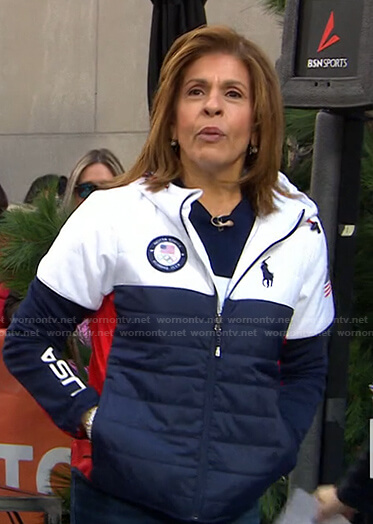 Hoda's white and navy colorblock puffer jacket on Today