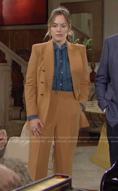 Hope's tan suit and denim tie neck shirt on The Bold and the Beautiful