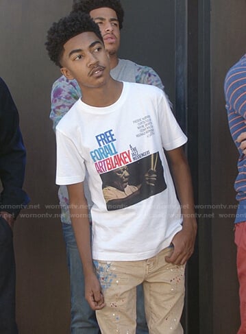 Jack's white graphic print tee and beige paint-splatter pants on Black-ish