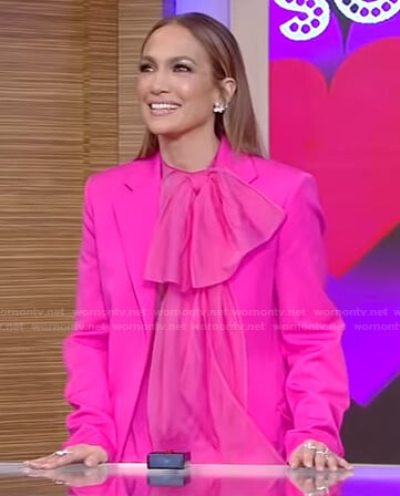 Jennifer Lopez's pink tie neck blouse and blazer on Live with Kelly and Ryan