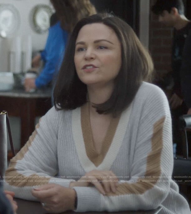 Jodie's grey colorblock v-neck sweater on Pivoting
