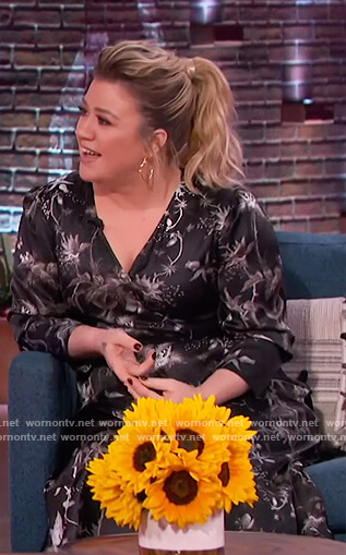 Kelly's black floral satin wrap dress on The Kelly Clarkson Show