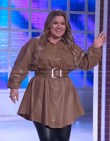 Kelly's mocha leather shirtdress on The Kelly Clarkson Show