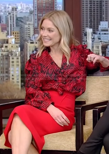 Kelly's red tiger print blouse and pencil skirt on Live with Kelly and Ryan