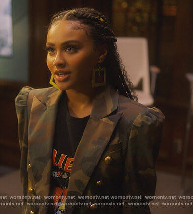 Kiela's camo print blazer on Grown-ish