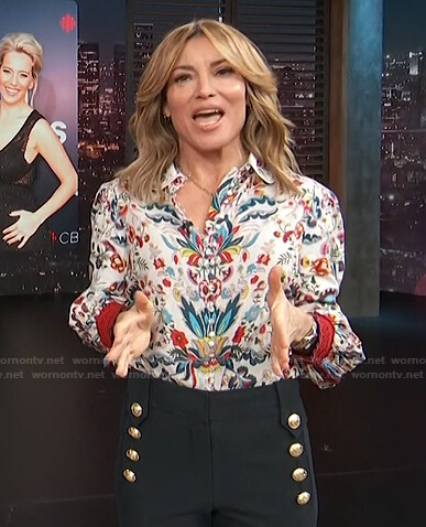 Kit's white floral blouse and black sailor pants on Access Hollywood