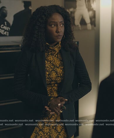 Lauren's yellow snakeskin print dress on Billions