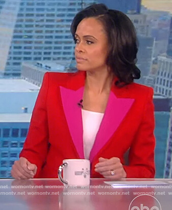 Linsey Davis's red colorblock blazer on The View