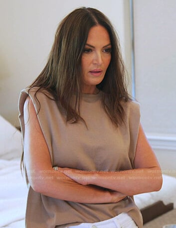 Lisa's beige padded shoulder top on The Real Housewives of Salt Lake City