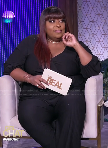 Loni's black wrap jumpsuit on The Real