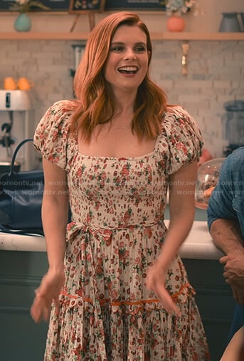 Maddie's white strawberry print dress on Sweet Magnolias