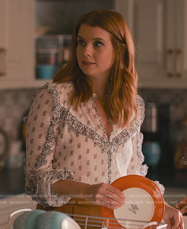 Maddie's white printed ruffle blouse on Sweet Magnolias