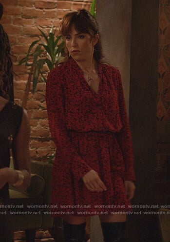 Marina's red floral print dress on Home Economics