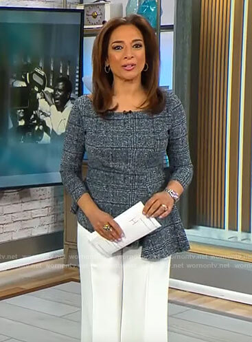 Michelle Miller's plaid asymmetric peplum top on CBS Mornings