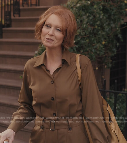 Miranda's brown belted jumpsuit on And Just Like That