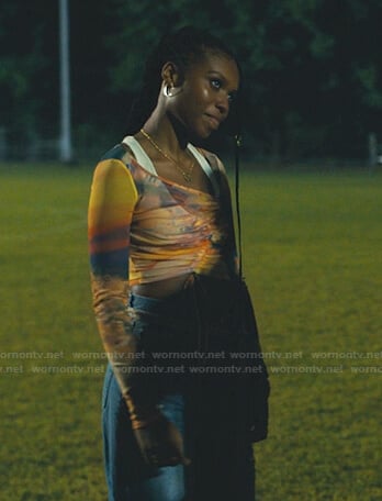 Naomi's multicolor ruched mesh top on Naomi