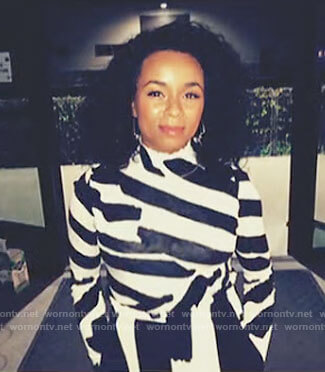 Neff's black and white striped mock neck top on Inventing Anna