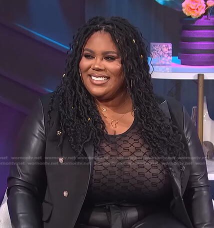 Nina's black leather blazer on E! News Nightly Pop