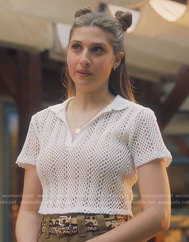 Nomi's white crochet knit polo on Grown-ish