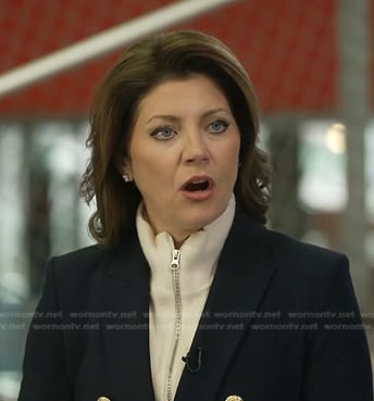 Norah's navy double breasted blazer on CBS Evening News