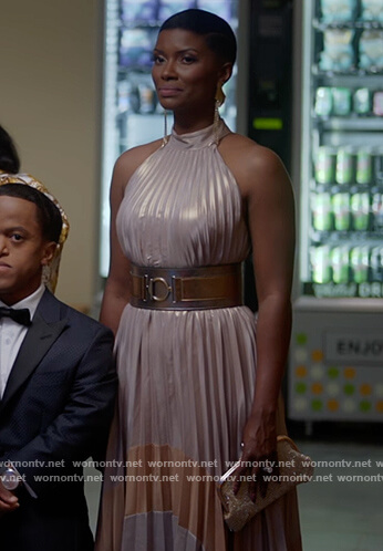 Rose's pink metallic pleated dress on The Kings of Napa