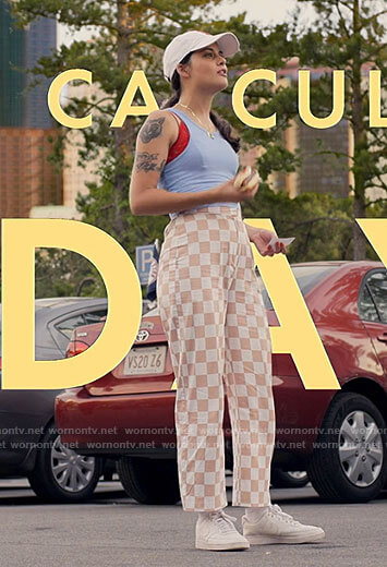 Sam's blue tank top and checkerboard pants on Single Drunk Female