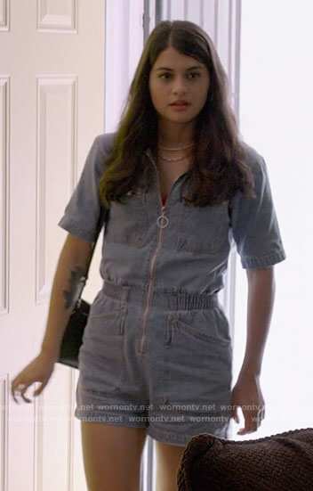 Sam's denim romper on Single Drunk Female
