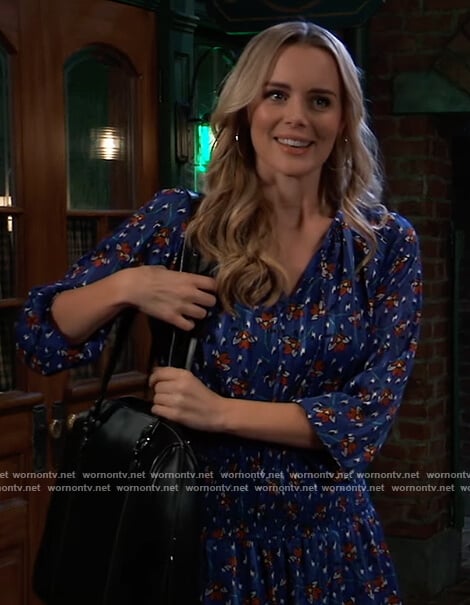 Sasha's blue floral print smocked mini dress on General Hospital