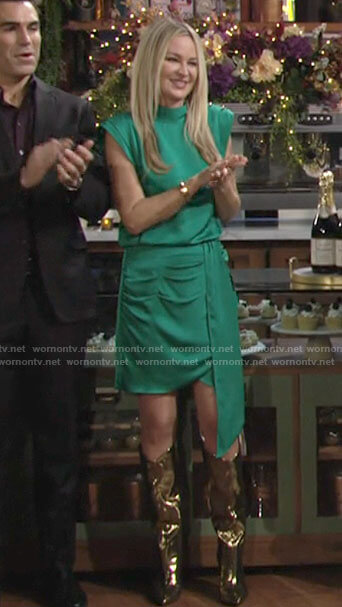 Sharon's green satin mini dress on The Young and the Restless