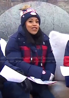 Sheinelle's navy and red check puffer jacket on Today