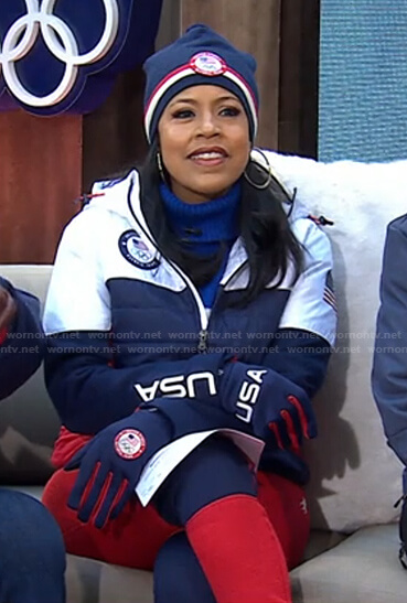 Sheinelle's white and navy puffer jacket and red leggings on Today