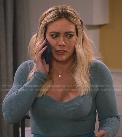 Sophie’s blue ribbed sweetheart sweater on How I Met Your Father