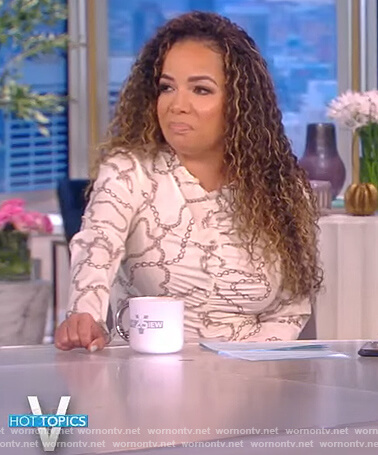 Sunny's white chain print ruched dress on The View