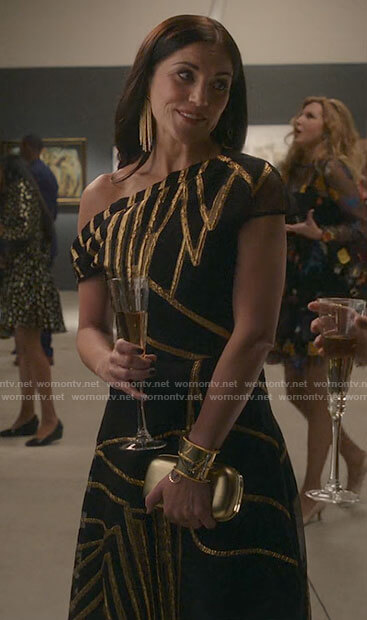 Talia's black and gold art gallery dress on Inventing Anna