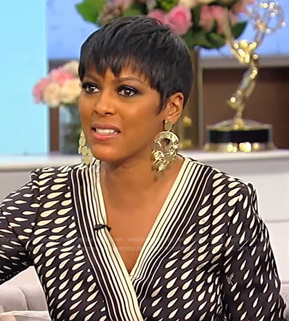 Tamron's black teardrop print wrap dress on Tamron Hall Show