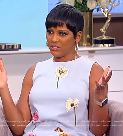 Tamron's blue floral embroidered mini dress on Tamron Hall Show