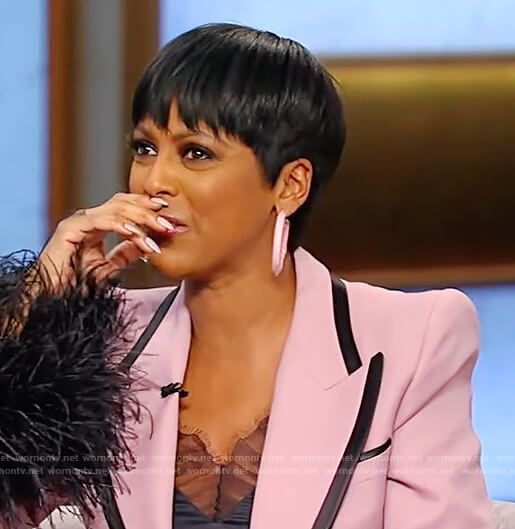 Tamron's pink feather cuff blazer on Tamron Hall Show