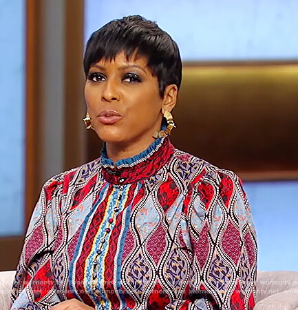 Tamron's printed mock neck dress on Tamron Hall Show