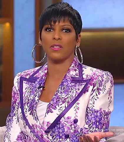Tamron's lavender floral print blazer and pants on Tamron Hall Show