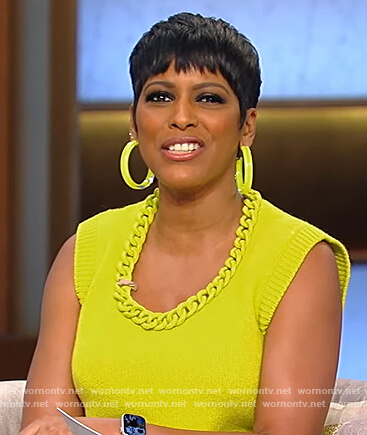 Tamron's lime green chain neckline top on Tamron Hall Show