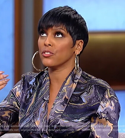 Tamron's marble print satin dress on Tamron Hall Show