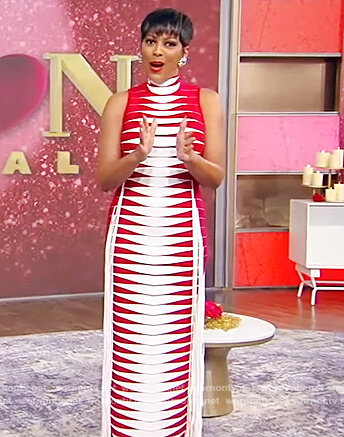 Tamron's contrasting sleeveless fringe trim dress on Tamron Hall Show