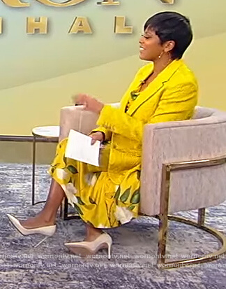 Tamron's yellow floral print drape dress on Tamron Hall Show