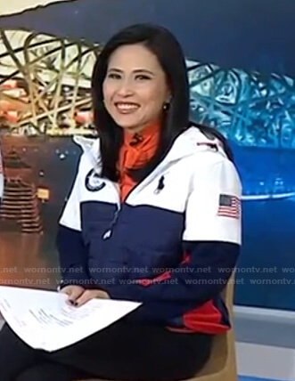 Vicky's orange tie neck blouse and colorblock puffer jacket on Today
