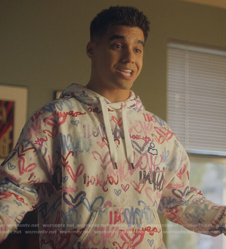Vivek's white heart print hoodie on Grown-ish