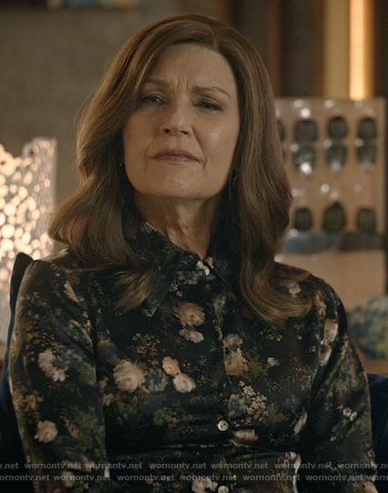 Vivian's black rose print button down blouse on Good Sam