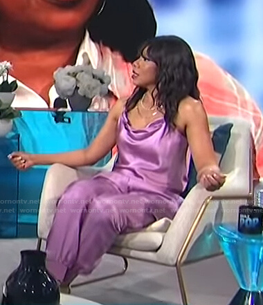 Wendy Raquel Robinson's lilac cowl neck cami and pants on E! News Daily Pop